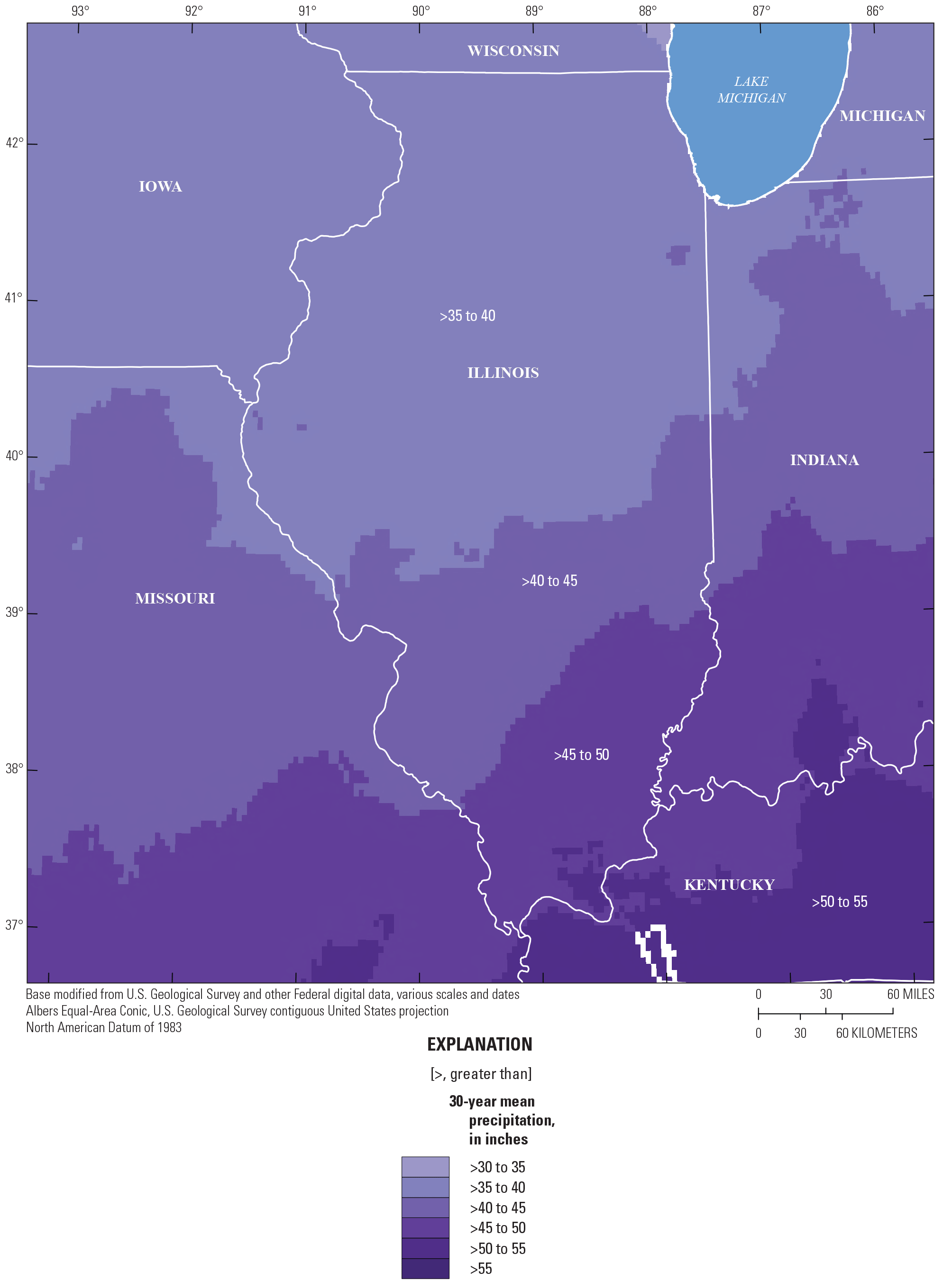 30-year mean annual precipitation in Illinois, which increases towards the south.