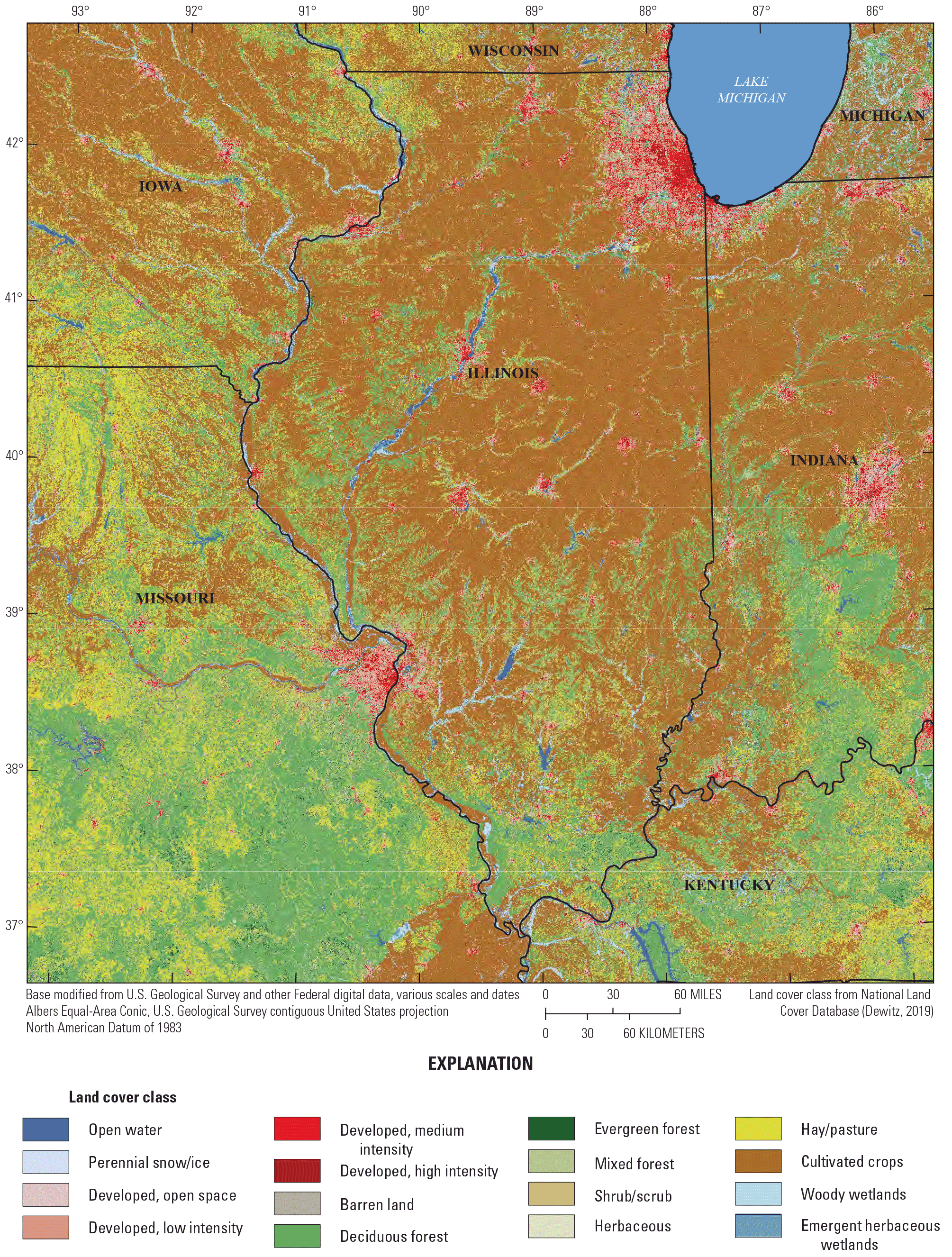 Land cover in Illinois. Most of the state is covered in cultivated crops, with areas
                        of deciduous forest and developed land.