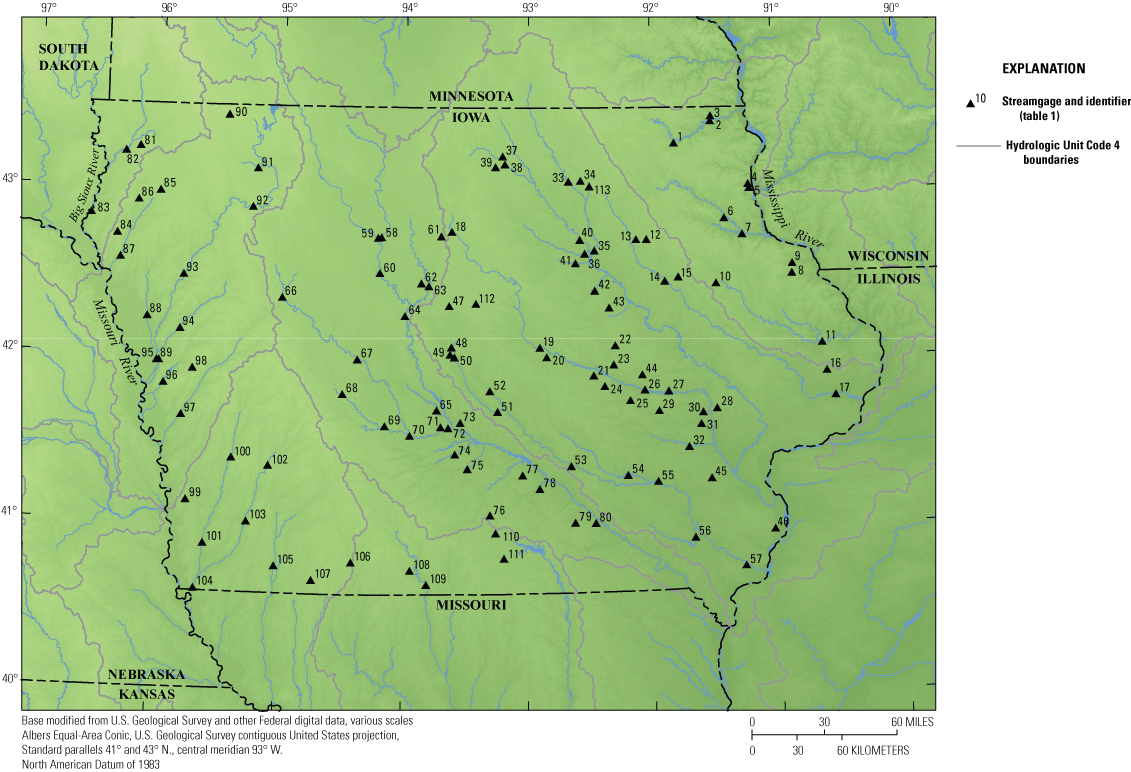 Elevation, major rivers, and U.S. Geological Survey streamgages used in the study
                     in Iowa.