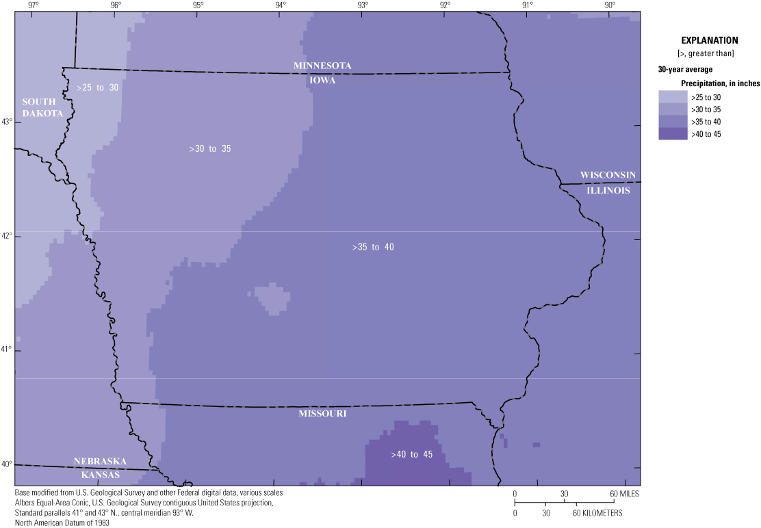 30-year mean annual precipitation in Iowa, which increases toward the southeast.