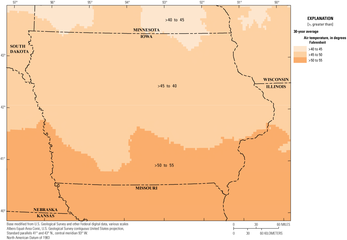 30-year mean annual temperature in Iowa, which increases toward the south.