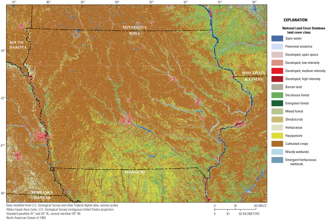 Land cover in Iowa. Most of Iowa is cultivated crops with areas in the south-central
                        and northeast with a mix of cultivated crops and hay/pasture.