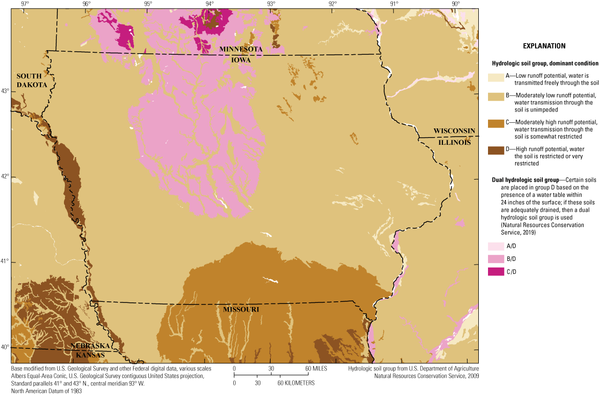 Most of Iowa is hydrologic soil group A. The Des Moines Lobe, in north central Iowa,
                        is largely group B/D. A portion of southeastern Iowa is predominantly group C.