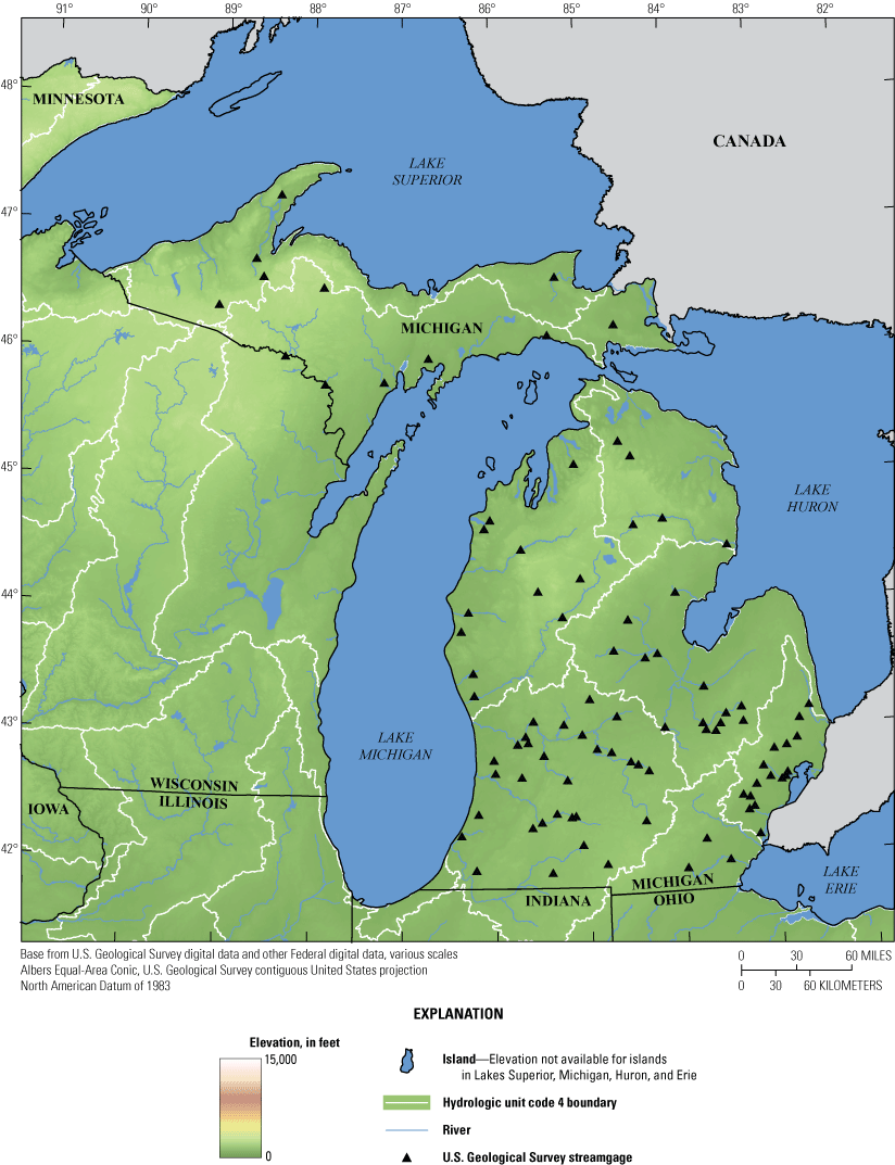 Map of Michigan showing 91 streamgages and elevation, in feet.