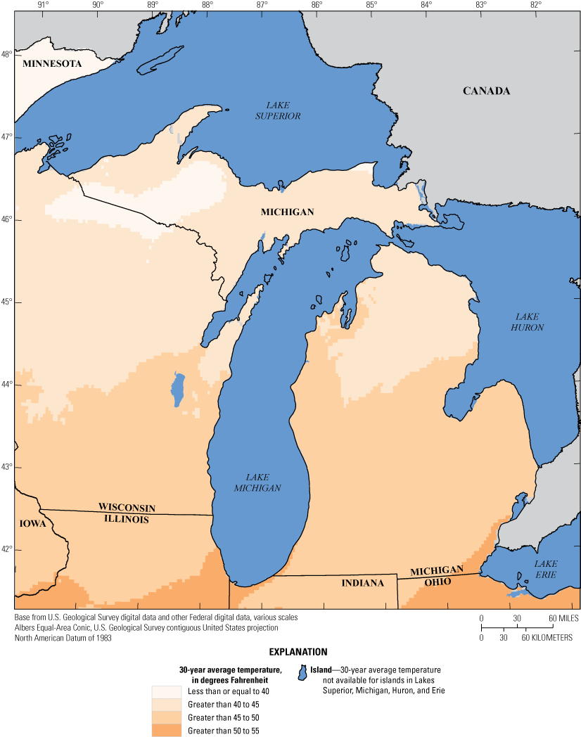 Map of Michigan showing 30-year average temperature, in degrees Fahrenheit with temperatures
                        greater than 45 to 50 degrees for the southern half of the Lower Peninsula of Michigan
                        and temperatures less than 40 to 45 degrees for the northern part of the Lower Peninsula
                        and the Upper Peninsula.