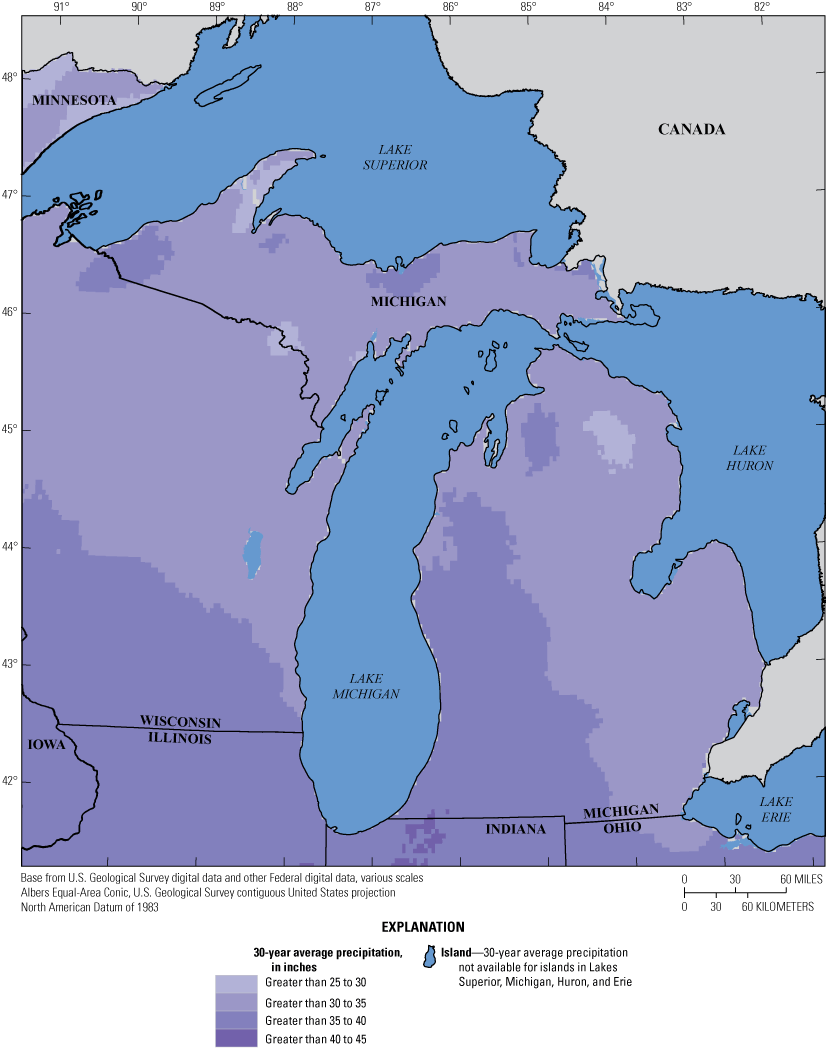 Map of Michigan showing 30-year average precipitation, in inches, with values greater
                        than 35 to 40 inches for the southwest part of Michigan and isolated regions in the
                        Upper Peninsula and values of greater than 25 to 35 inches in the remainder of the
                        state.