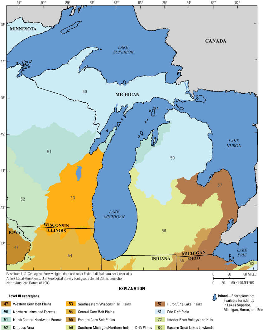 Map showing five Level III ecoregions in Michigan.
