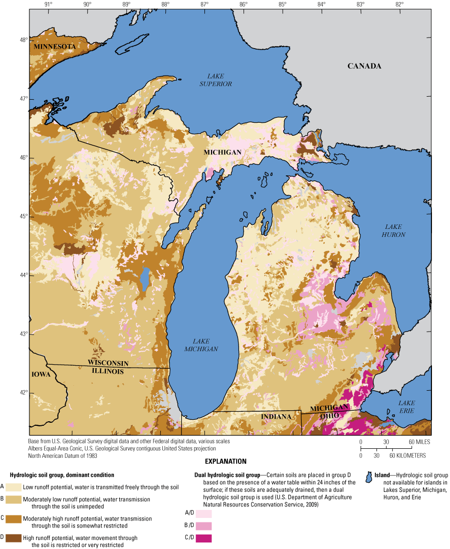 Map of Michigan showing soils with low runoff potential are dominant in the northern
                        Lower Peninsula and eastern Upper Peninsula. Moderate to moderately high runoff potential
                        soils are dominant in the southern Lower Peninsula and western Upper Peninsula.