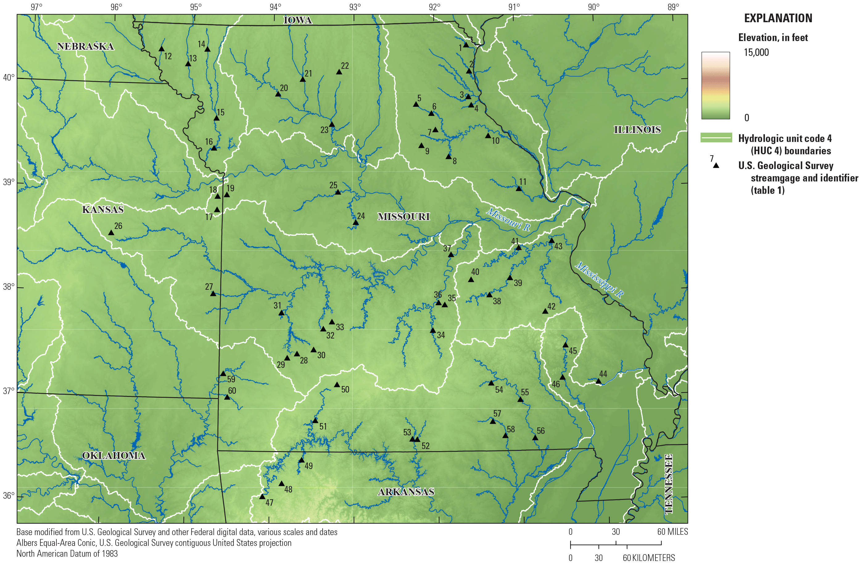 Elevation, major rivers, and U.S. Geological Survey streamgages in Missouri.