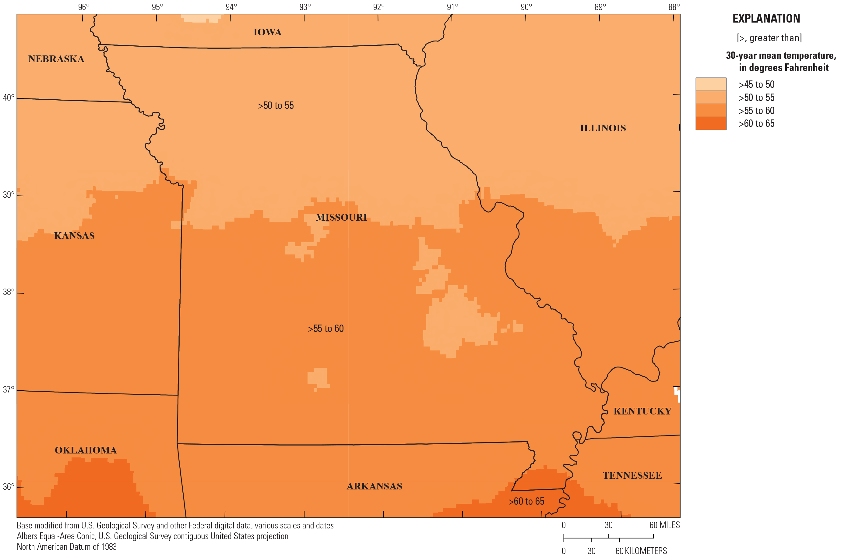 30-year mean annual temperature in Missouri, which increases towards the southeast.