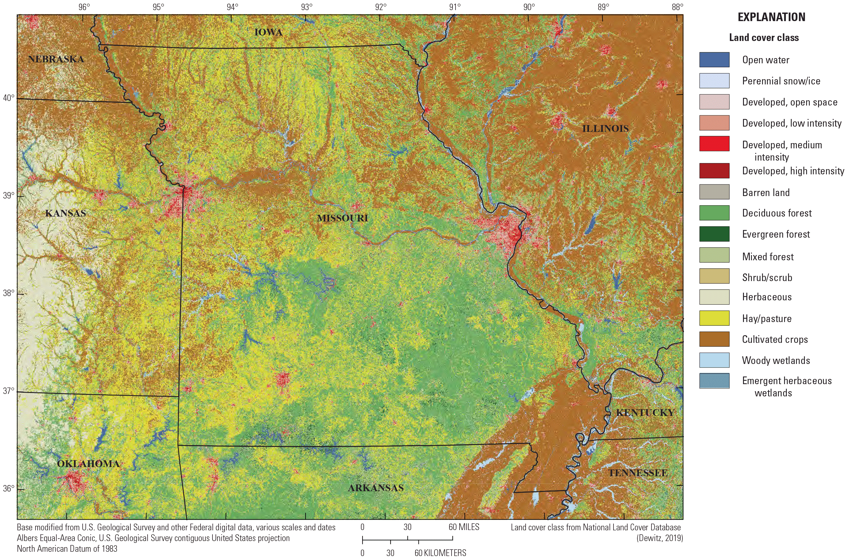 Land cover in Missouri. The northern part of the state is dominated by cultivated
                           crops and hay/pasture. The southern part of the state is dominated by deciduous forest
                           and hay/pasture, along with an area of mostly cultivated crops in the southeast part
                           of the state.
