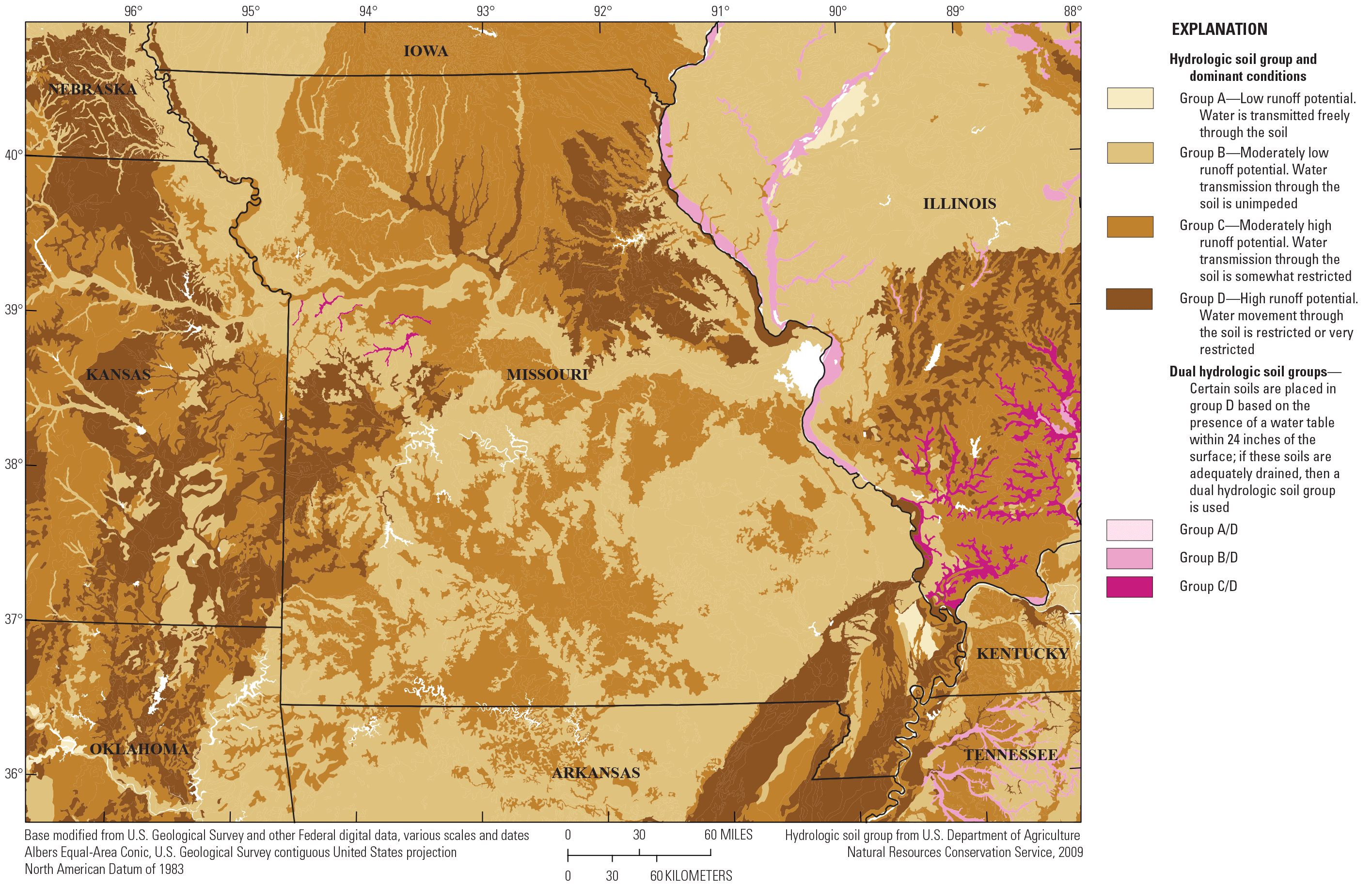 Hydrologic soil groups in Missouri, which vary throughout the state.