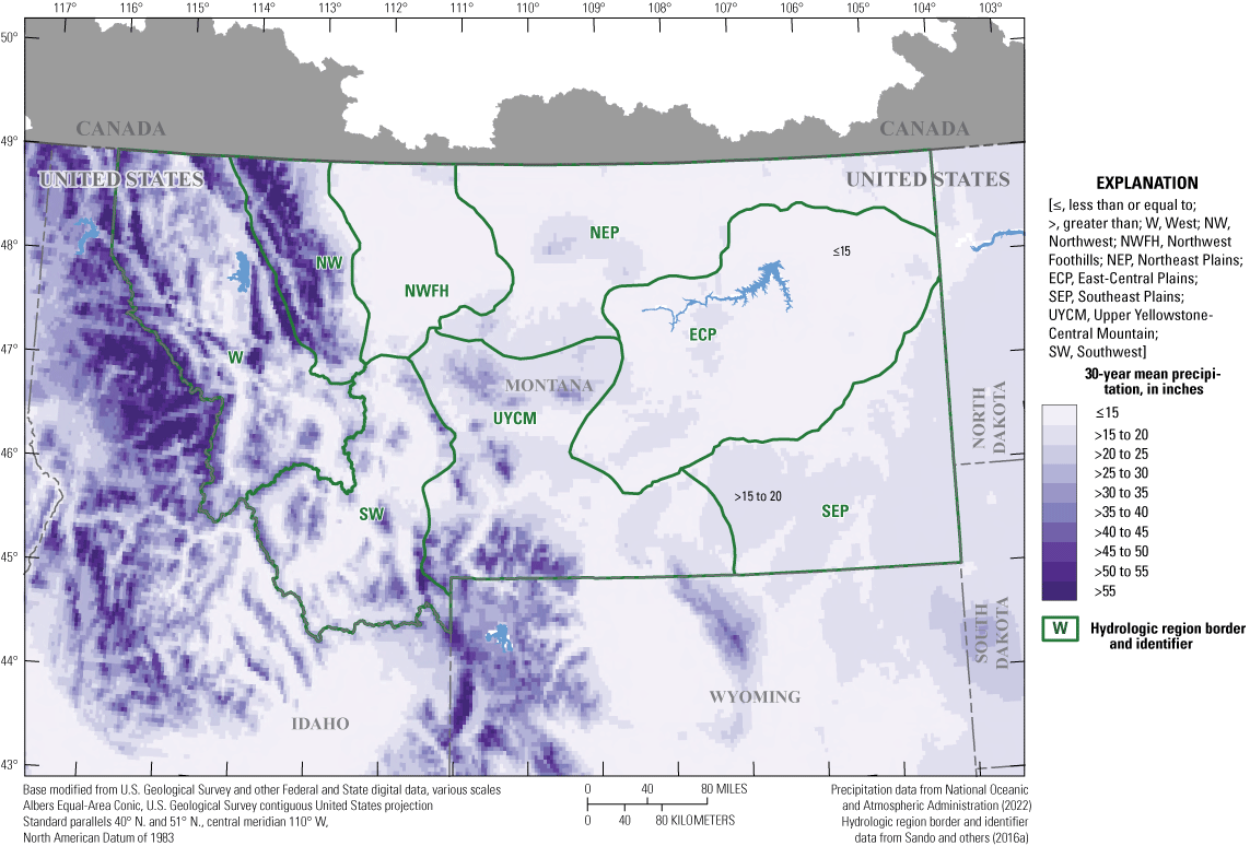 In the study area, mean annual precipitation ranges from less than 15 to more than
55 inches.
