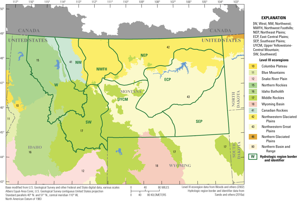 Seven level III ecoregions (Woods and others, 2002) are represented in Montana (Canadian
Rockies, Idaho Batholith, Middle Rockies, Northern Rockies, Northwestern Glaciated
Plains, Northwestern Great Plains, and Wyoming Basin) with large variability in characteristics
among the ecoregions.