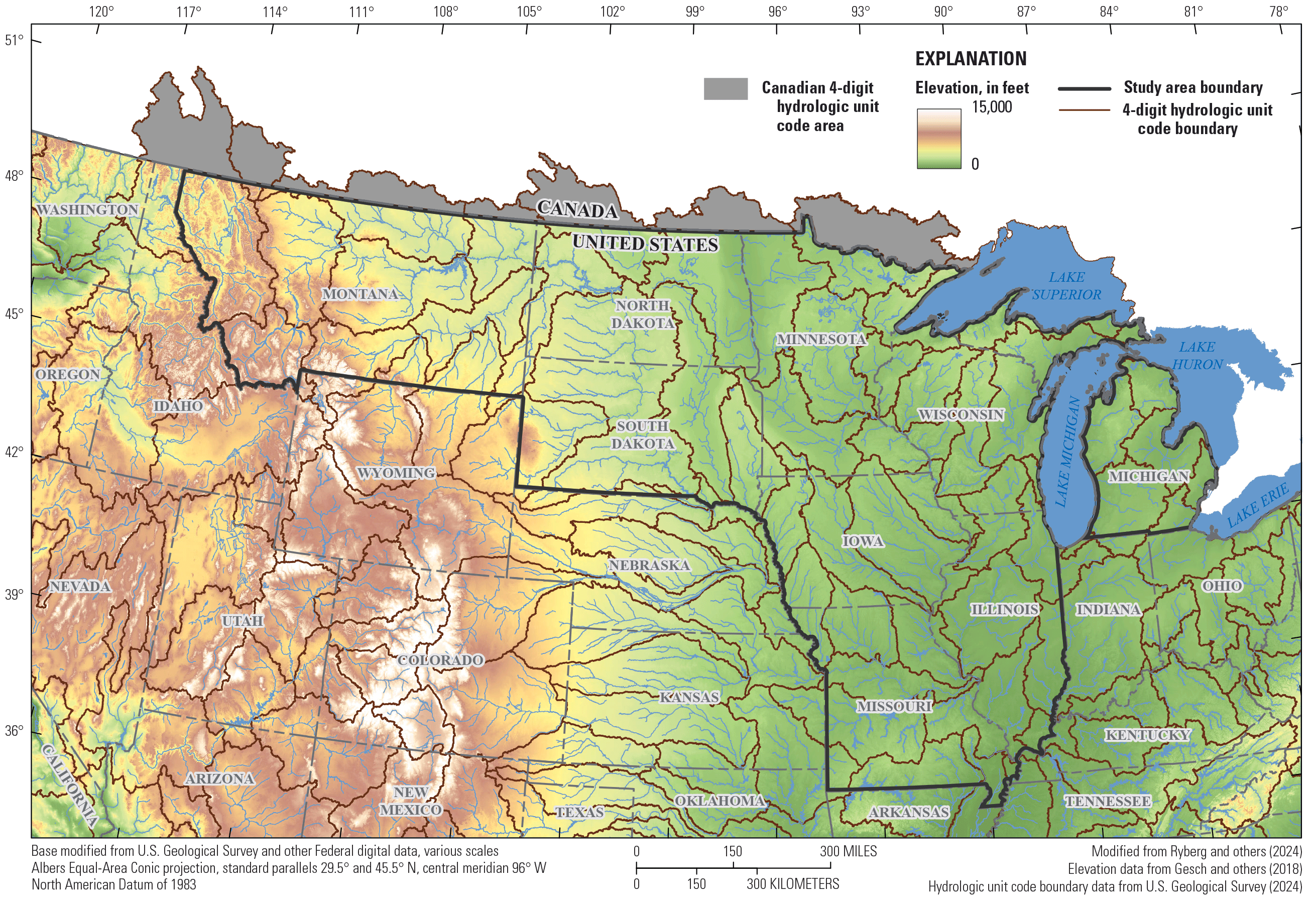 Elevation ranges from 0 to 15,000 feet in the map area but is less than 15,000 feet
                     in the study area. The four-digit Hydrologic Unit Code boundary runs through each
                     State in the study area and the map area.