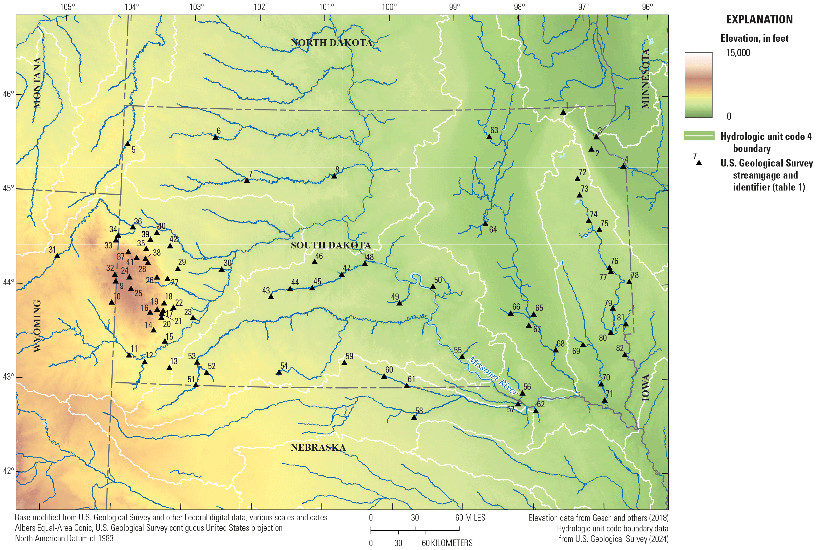 Elevation in the study area generally decreases from west to east. The 82 total streamgages
                        are scattered throughout the study area but are most dense in the southwestern part
                        of South Dakota.