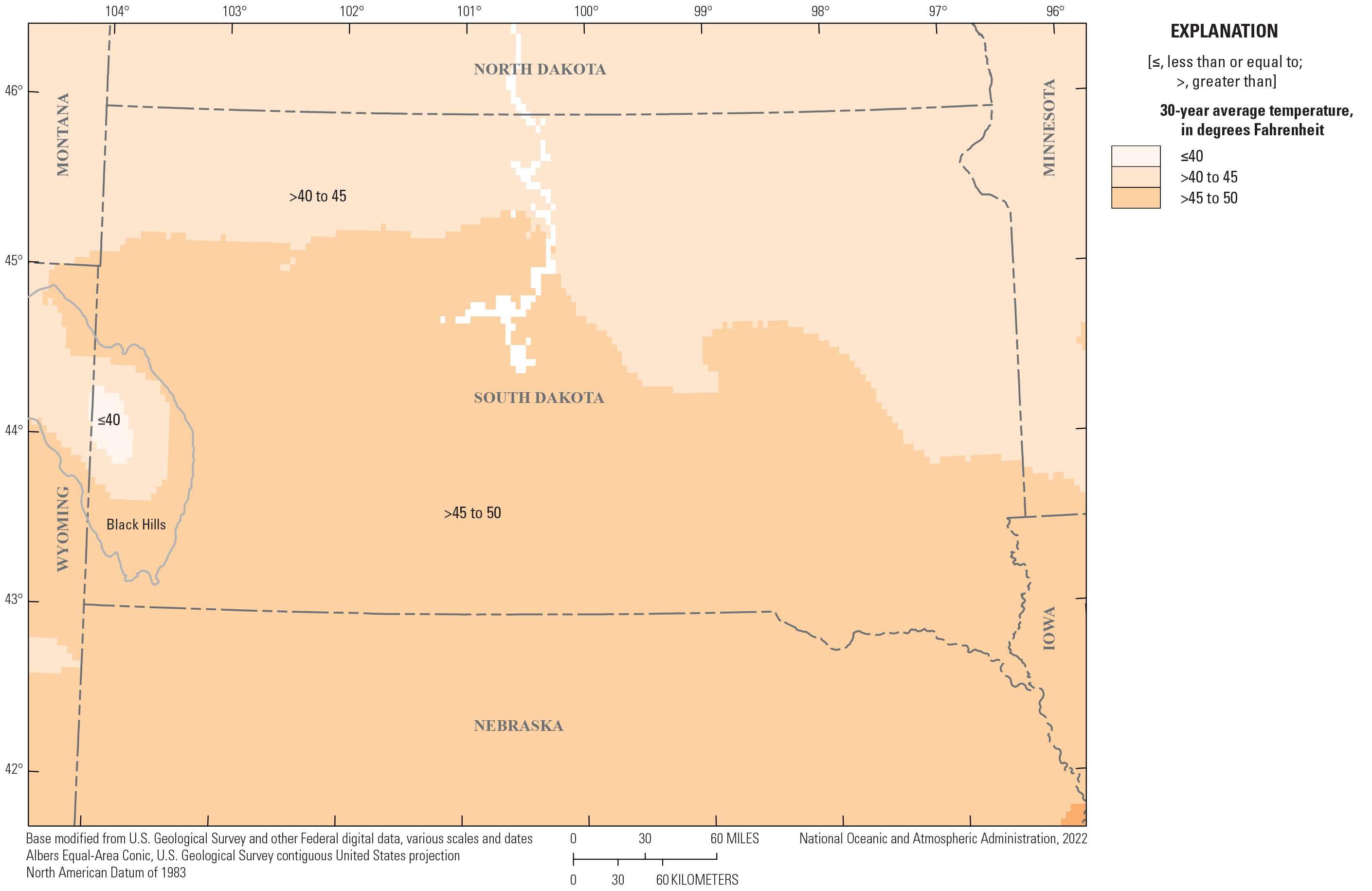 Average annual temperature for the 30-year period from 1991 to 2020 in the study area
                        generally increases from north to south ranging from less than 40 to greater than
                        50-degrees Fahrenheit.