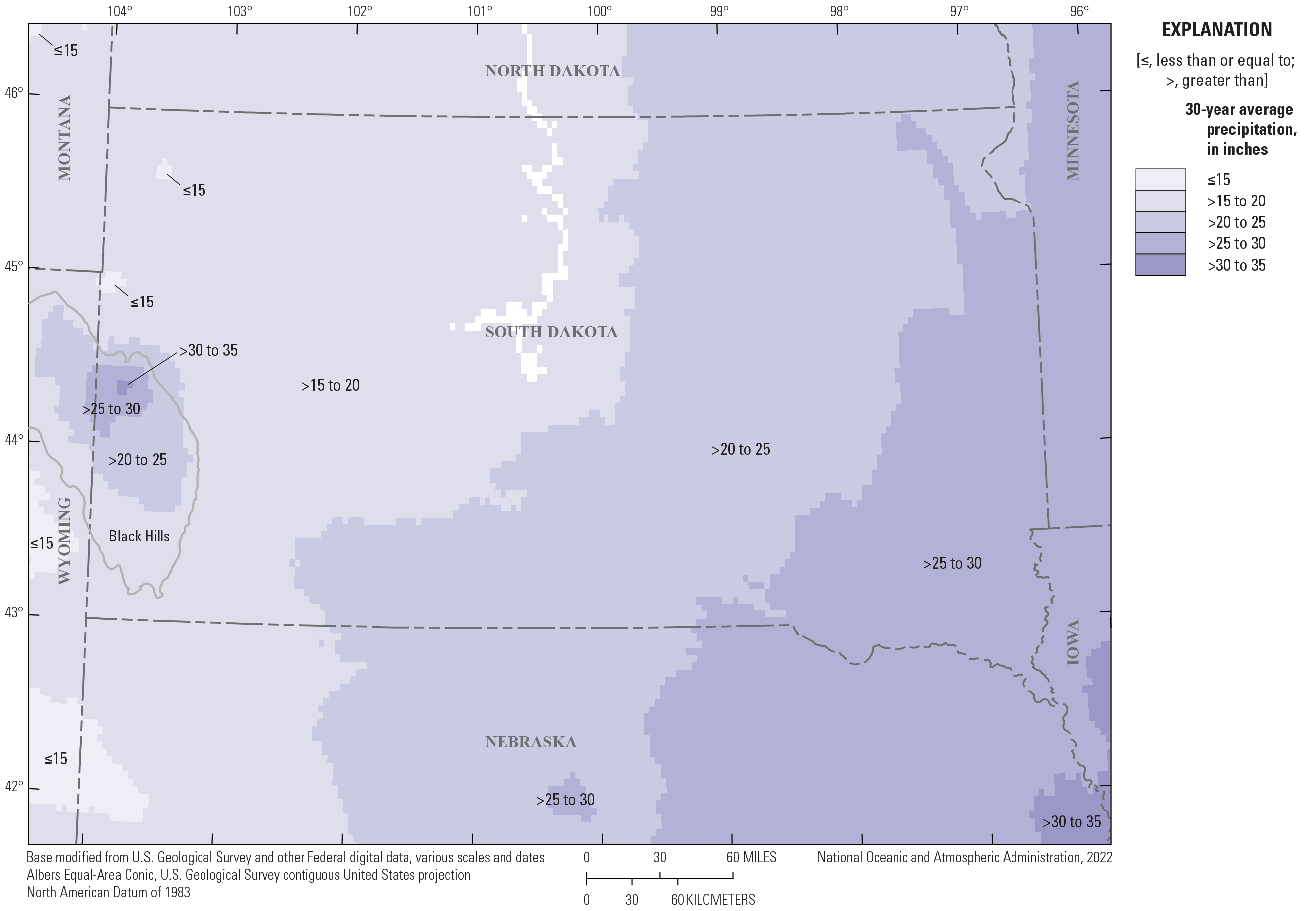 Average annual precipitation for the 30-year period from 1991 to 2020 in the study
                        area generally increases from west to east ranging from less than 15 to greater than
                        35 inches.