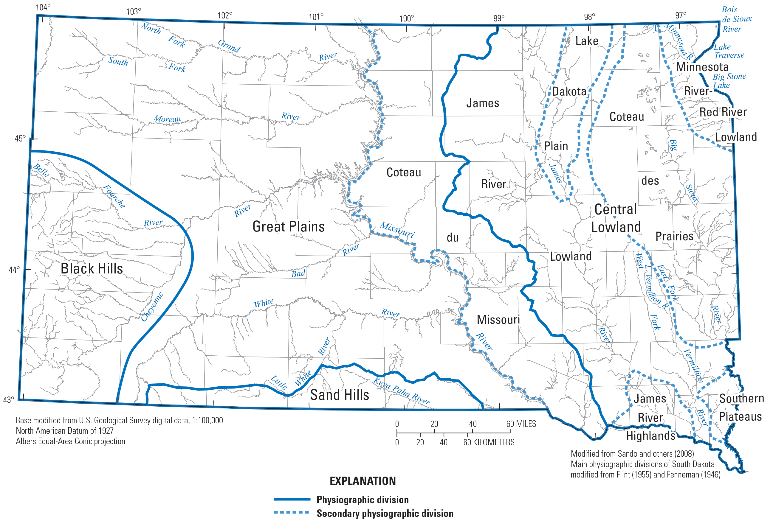 South Dakota is divided into three major and six secondary physiographic regions,
                        respectively.