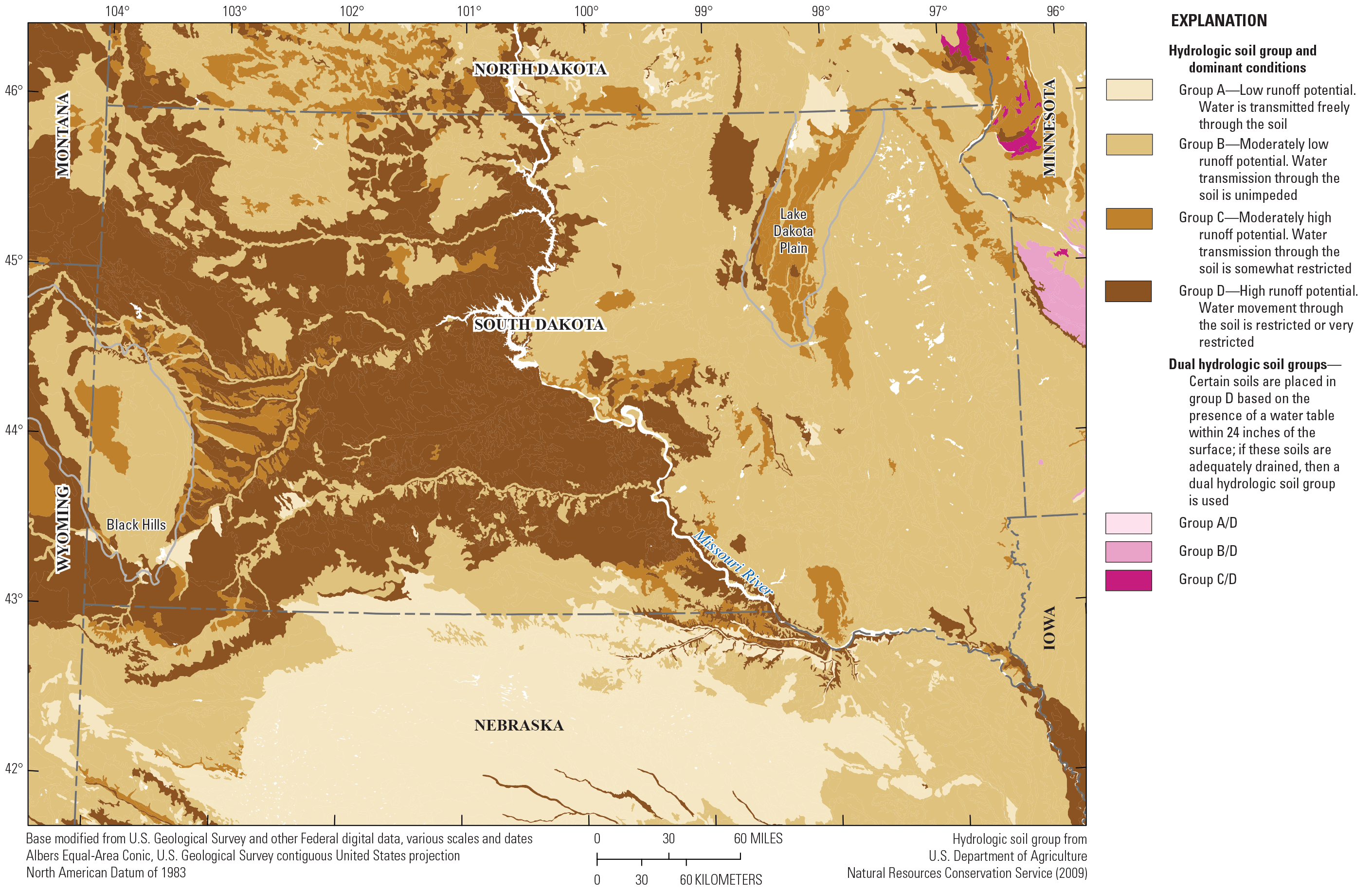 South Dakota is divided into four hydrologic soil groups with dominant conditions
                        and three dual hydrologic soil groups.