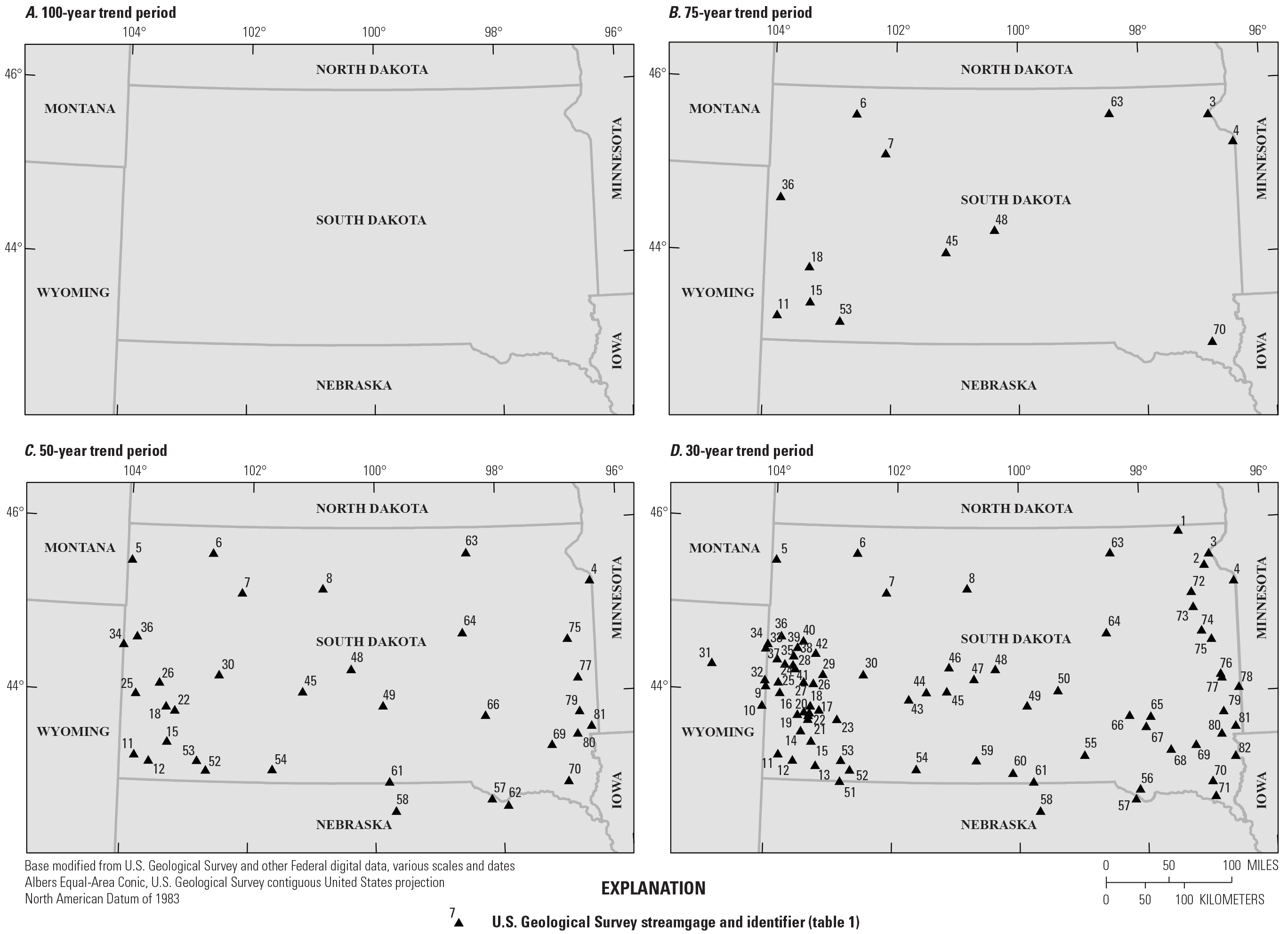 The location of qualifying streamgages in the respective 75-, 50-, and 30-year trend
                        periods.