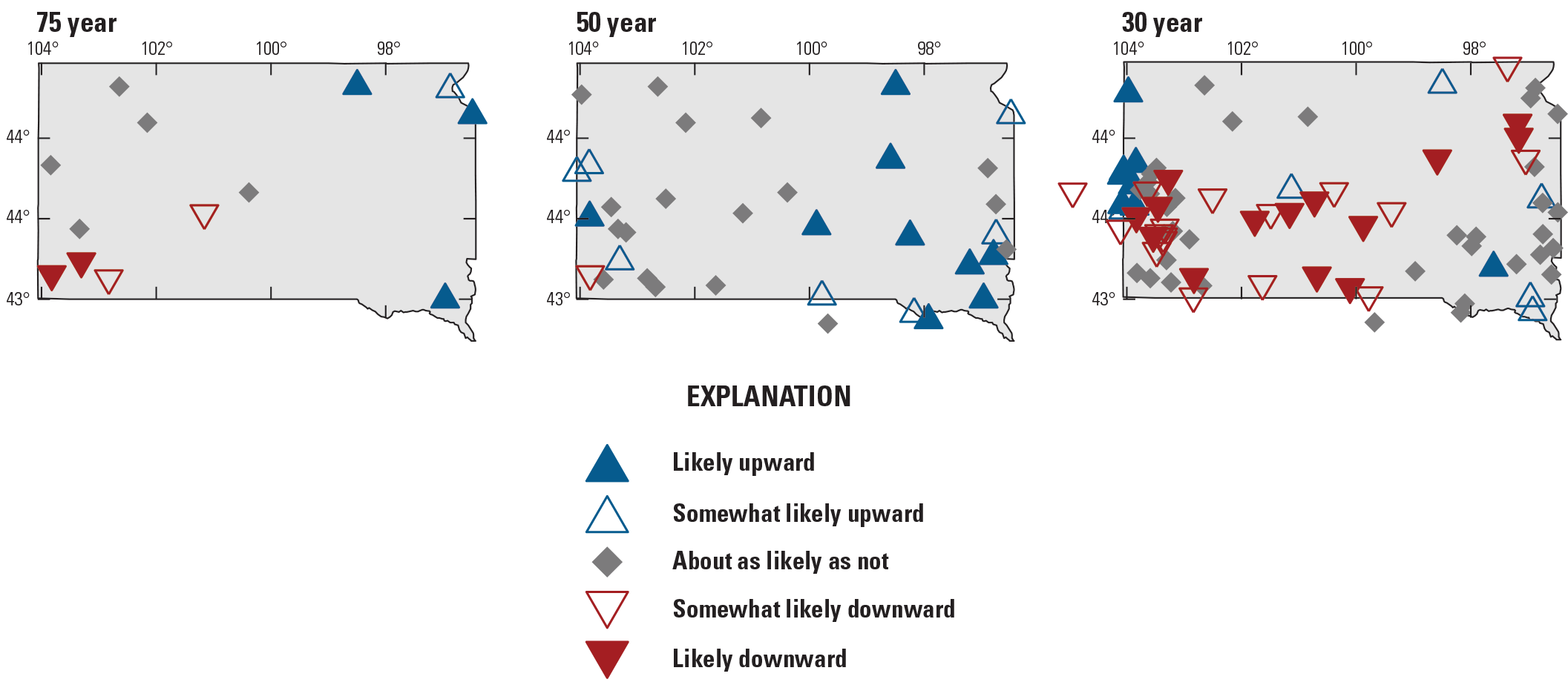 A consistent west to east spatial pattern of downward and upward change points are
                           respectively detected in the 75- trend period while in the 50-year period there is
                           a consistent upward pattern across the State.