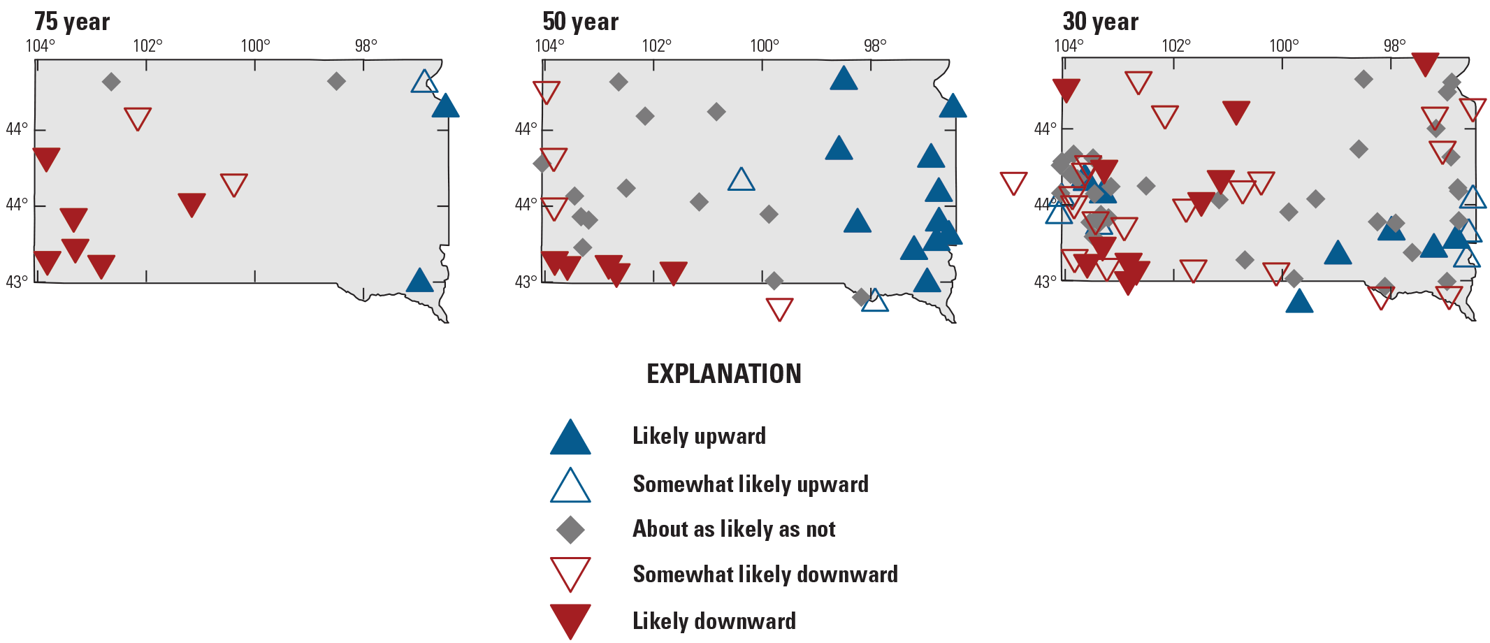 A consistent west to east spatial pattern of downward and upward trends in the peak-flow
                           timing corresponding to earlier and later arrival dates are respectively detected
                           among the 75- and 50-year trend periods.