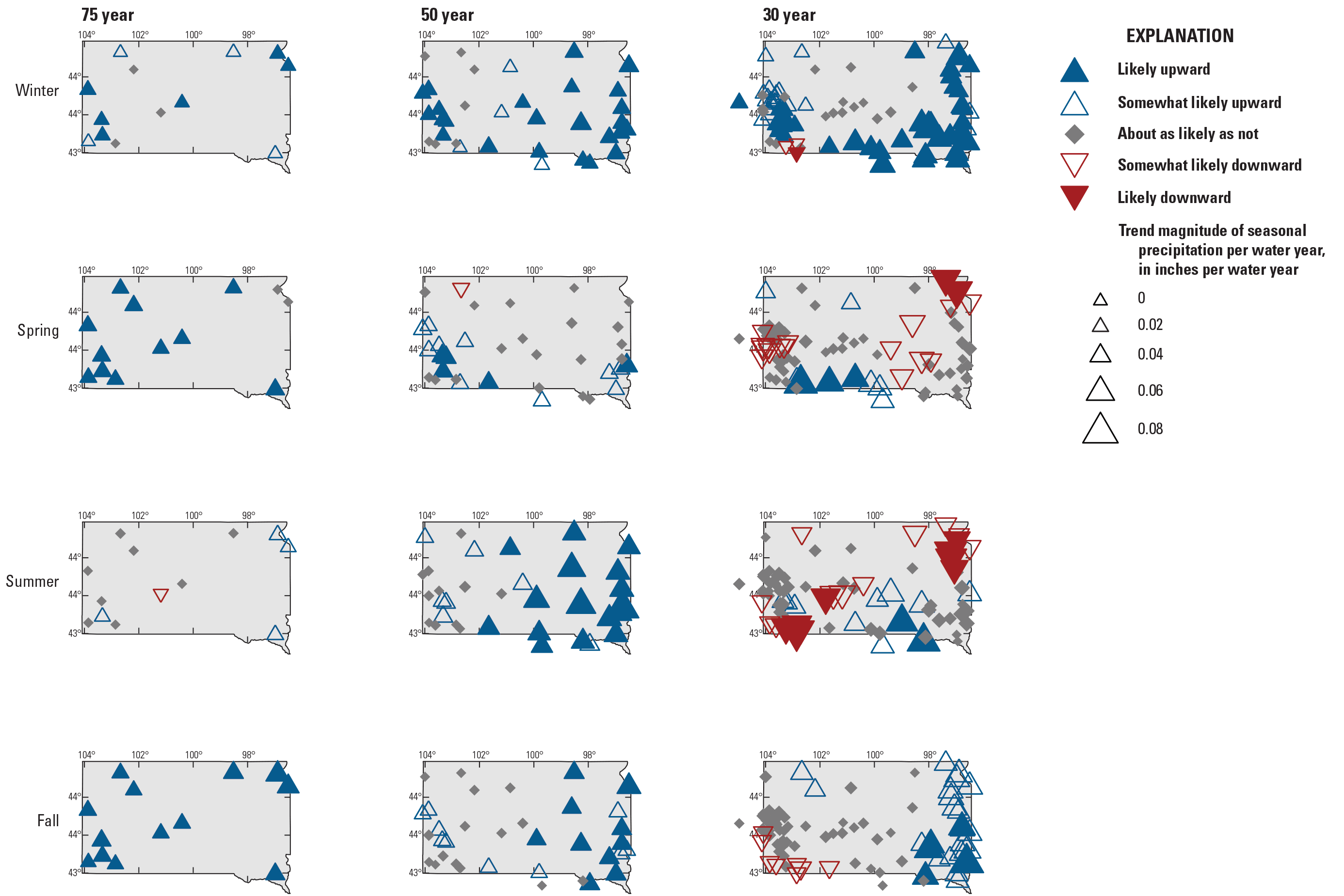 Increasing precipitation is detected in both the 75- and 50-year trend periods for
                           all four climatological seasons. In the 50-year trend period, there is a substantial
                           increase in precipitation particularly in the eastern part of the State in winter,
                           summer and fall.