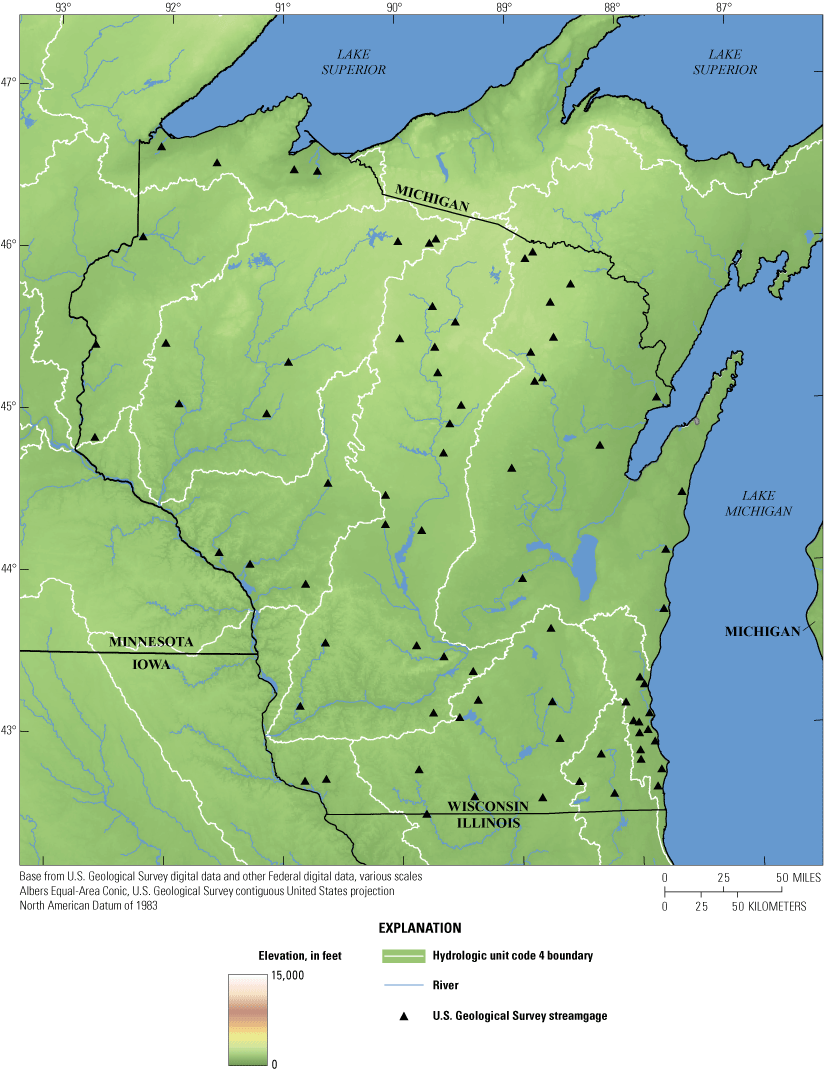 Map of Wisconsin showing 77 streamgages and elevation, in feet.