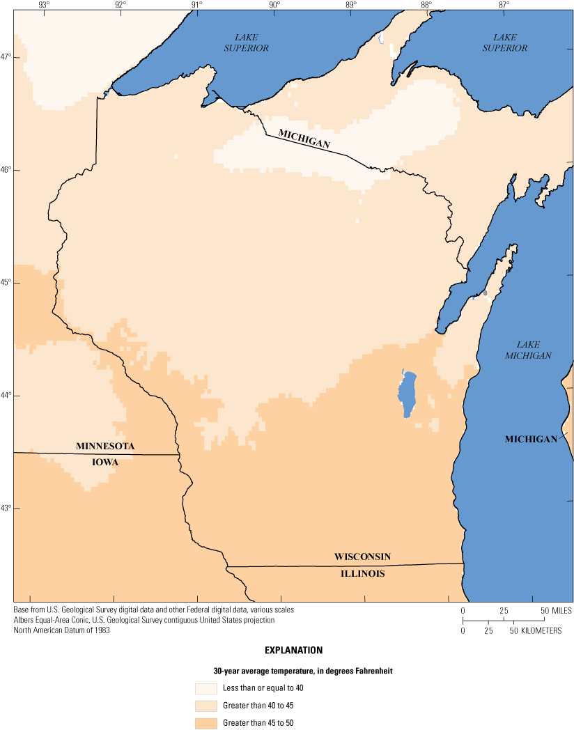 Map of Wisconsin showing 30-year average temperature, in degrees Fahrenheit, is less
                        than or equal to 40 in the northern part of the State, greater than 40 to 45 in the
                        central to northern part of the State, and greater than 45 to 50 in the southern part
                        of the State.