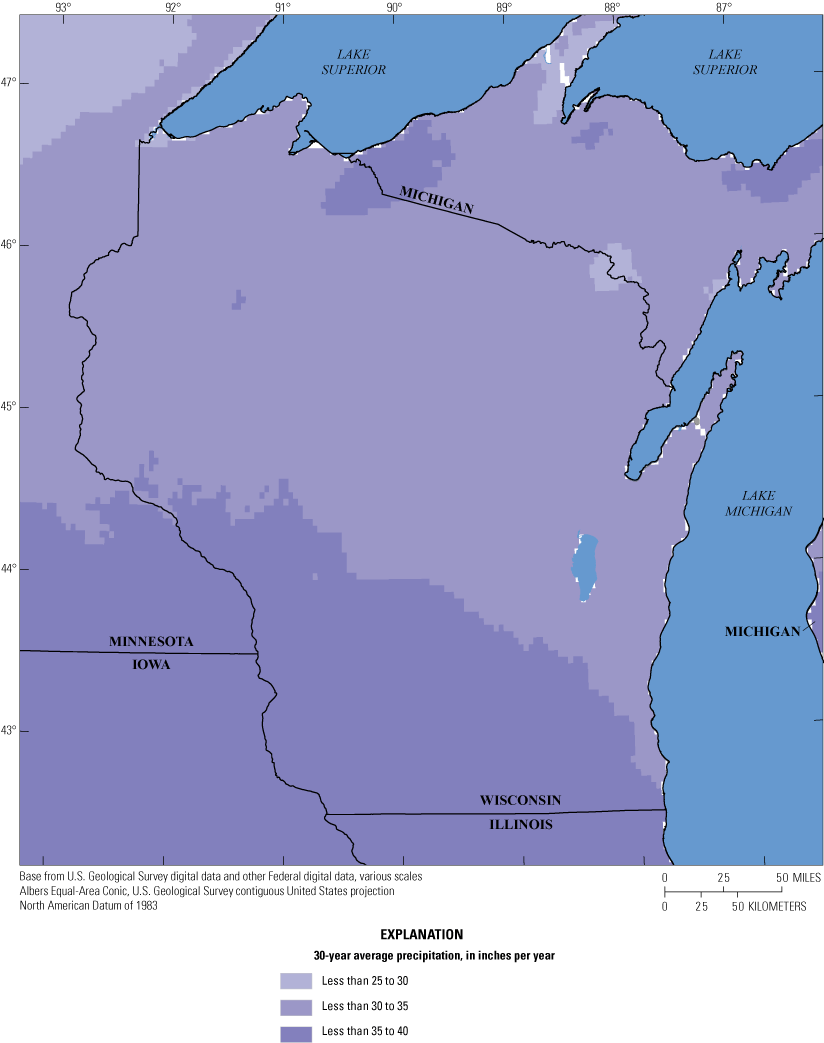 Map of Wisconsin showing 30-year average precipitation, in inches per year is greater
                        than 35 to 40 inches in the southern part of the State, and greater than 30 to 35
                        inches in the northern part of the State.