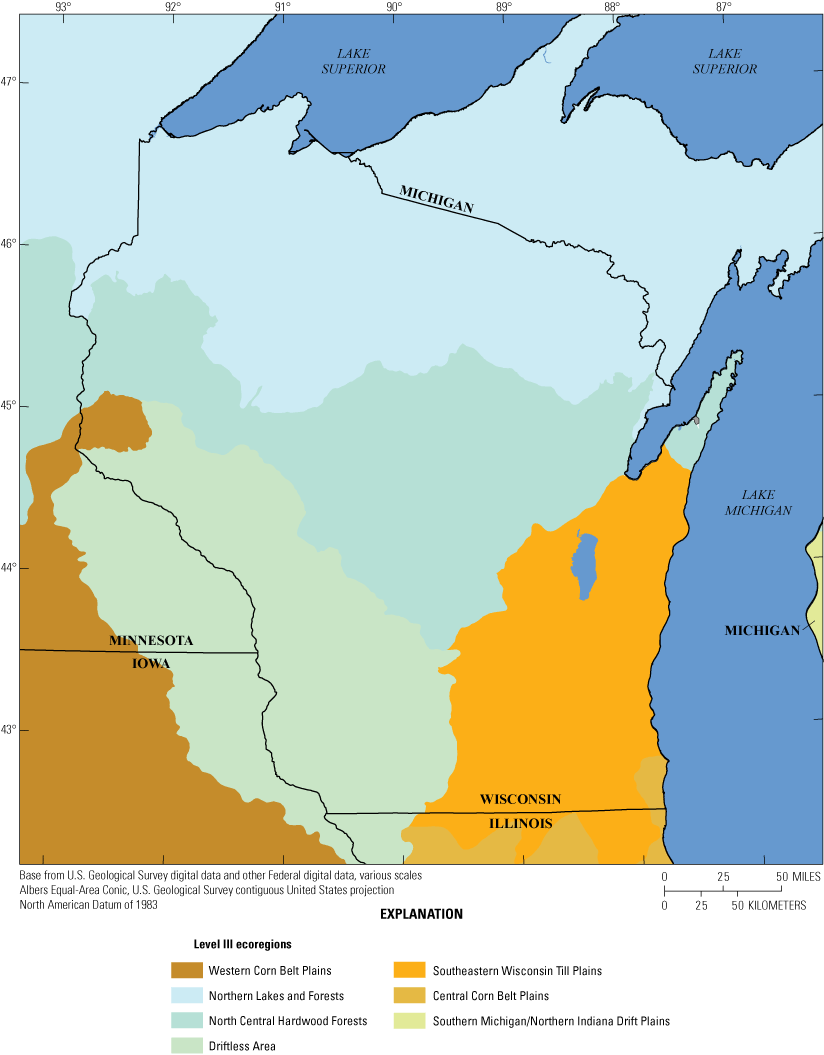 Map of four Level III ecoregions in Wisconsin.