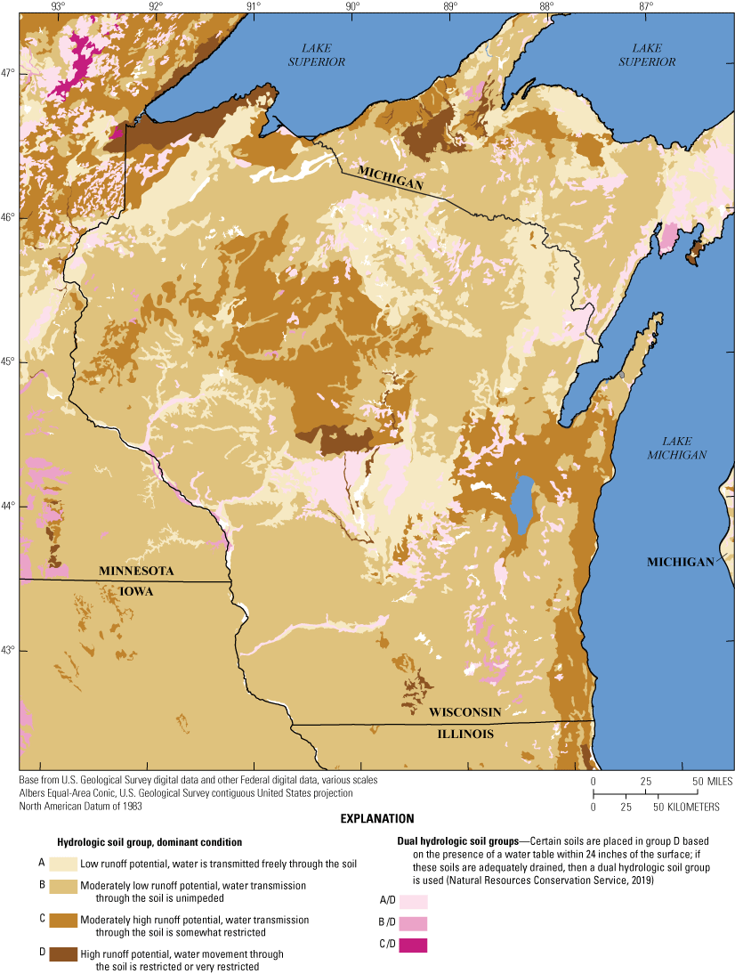 Map of dominant hydrologic soil groups in Wisconsin showing primarily low to moderately
                        low runoff potential soils throughout the State, with regions of moderately high and
                        high runoff potential soils in north central Wisconsin and in the eastern part of
                        the State along the shoreline of Lake Michigan.
