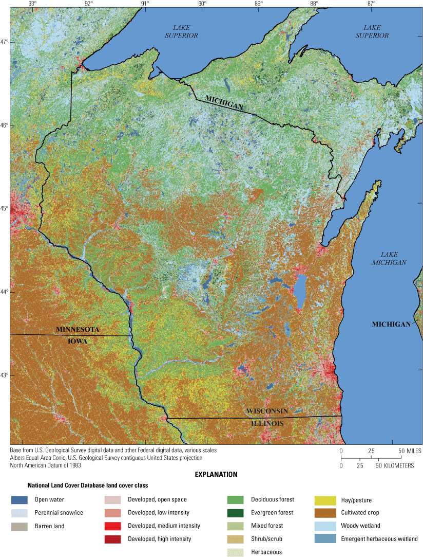 Map of land cover classes from the National Land Cover Database in Wisconsin showing
                        predominantly forest and wetland in the northern half of the state, cropland and pasture
                        in the southern half of the State, and developed land near major cities.