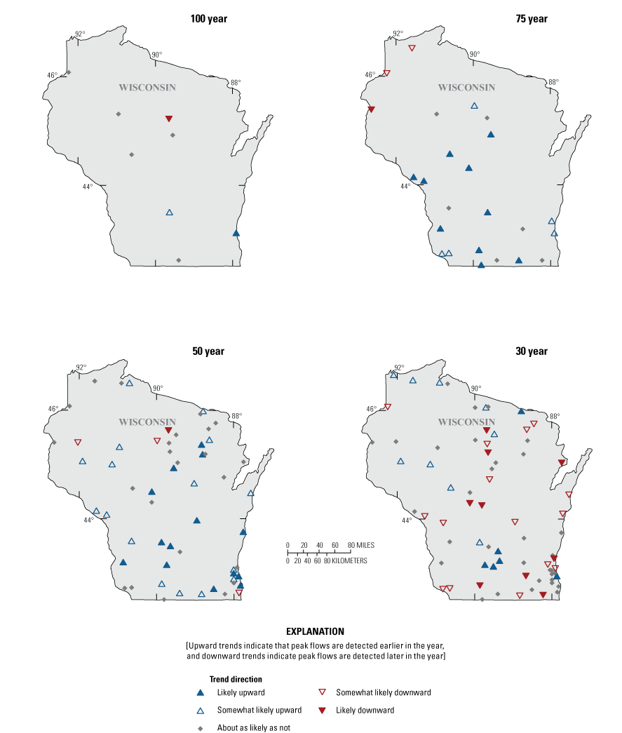 Trends in the timing of peak streamflow were primarily upward in Wisconsin for the
                           100-, 75-, and 50- year period and a mix of upward, downward and neutral trends in
                           the 30- year period.