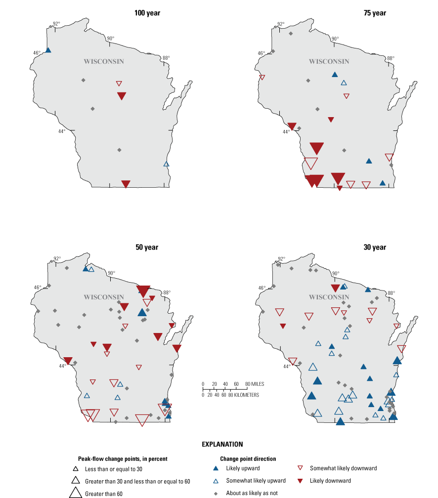 A cluster of large, downward change points was found in southwestern Wisconsin during
                           the 75- year period and in the northeast part of the State for the 50-year period.
                           Change points in the 30-year period were primarily upward in the southern part of
                           the state for the 30-year period.
