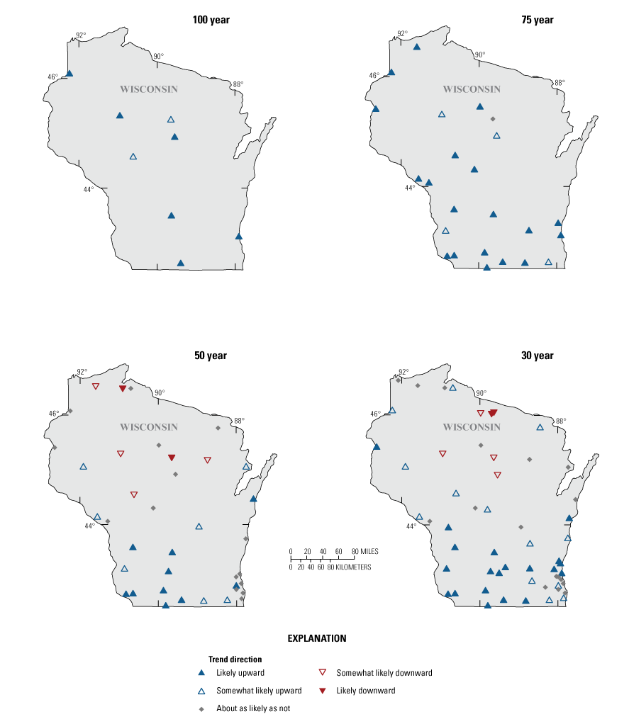 Likelihood and direction of trends in the duration between the days on which the 25th
                           and 75th percent of total annual flow volume occurred for select streamgages in Wisconsin
                           for the 30-year, 50-year, 75-year, and100-year analysis periods ending in water year
                           2020.