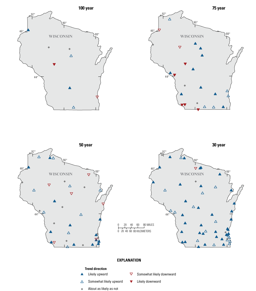 Change points in the frequency of daily streamflow magnitude for which there is an
                           average of (A) two events and (B) four events per year show primarily upward trends
                           in Wisconsin with some downward or neutral trends in northern Wisconsin and isolated
                           downward trends in southern Wisconsin.
