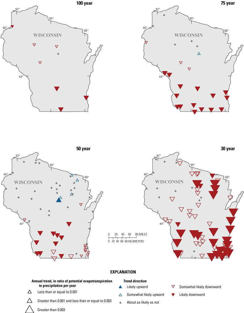 Trends in the ratio of annual potential evapotranspiration to precipitation were downward
                           or neutral across the state for four time periods, with trends most prevalent in the
                           southern part of Wisconsin and with the greatest magnitude in the 30-year period.
