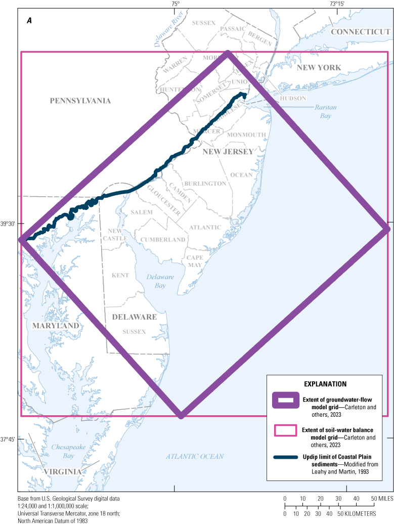 Map of New Jersey and Delaware, rotated purple box showing model grid outline, normal
                  purple box showing SWB grid outline.