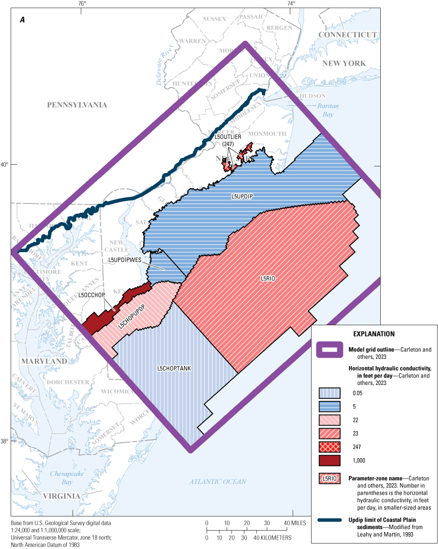 Light blue and various shades of red showing hydraulic conductivity values and zones
                           in New Jersey and surrounding areas.