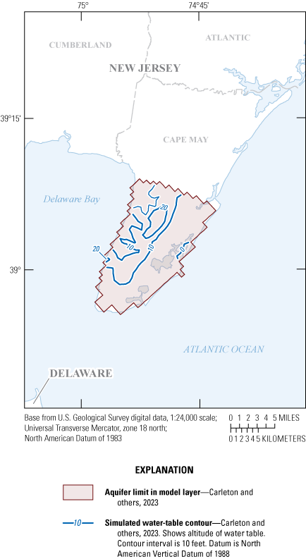 Blue lines in southern New Jersey showing simulated water-table contours; tan showing
                           aquifer limit.