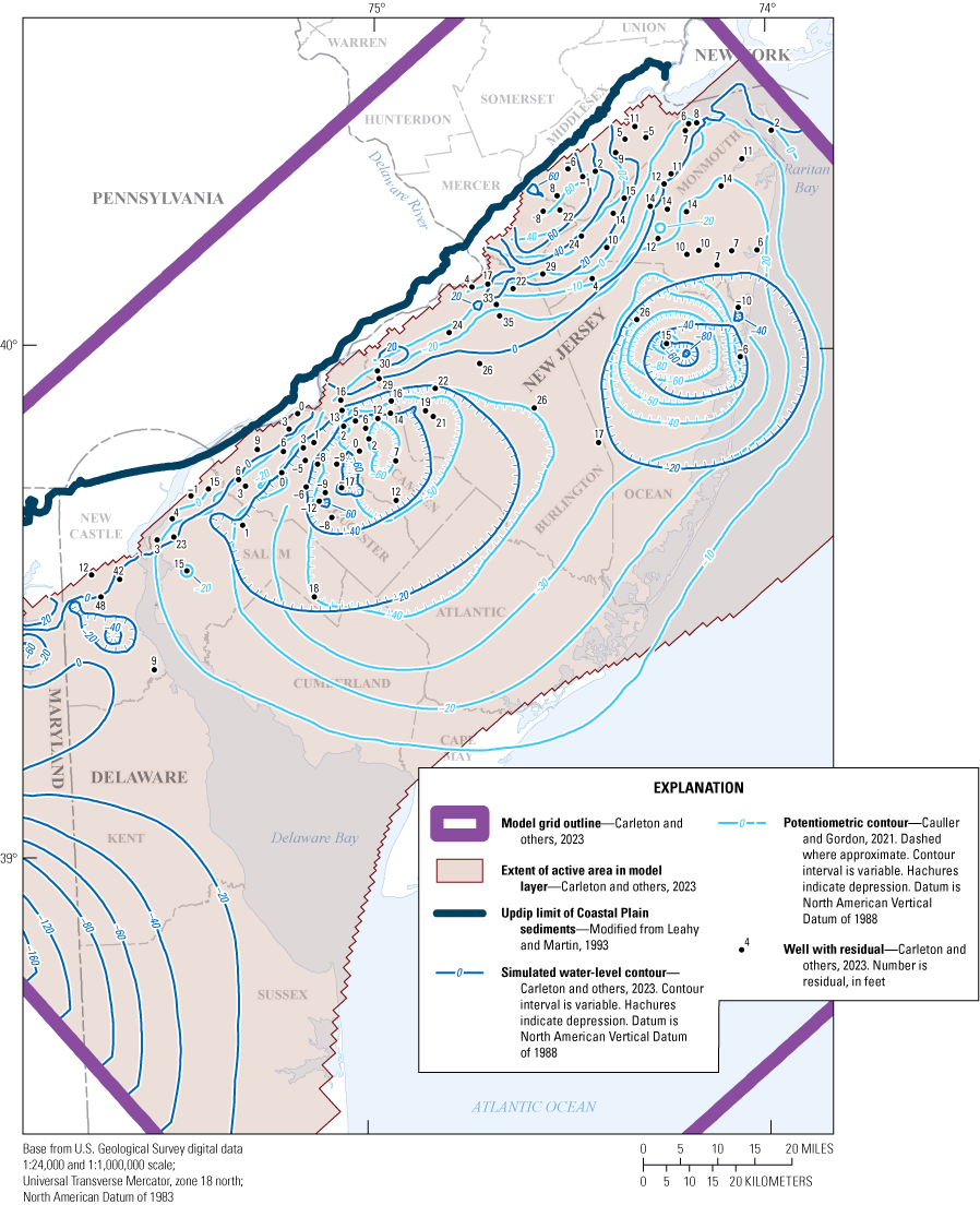 Map showing water level contours in light blue and brown, as well as aquifer and updip
                           limits in burgundy and dark blue within the model grid outline in purple.