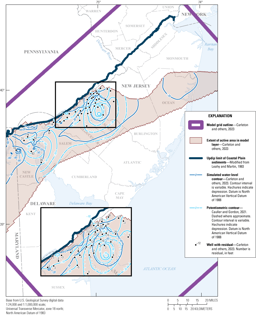 Map showing water level contours in light blue and brown, as well as aquifer and updip
                           limits in burgundy and dark blue within the model grid outline in purple.