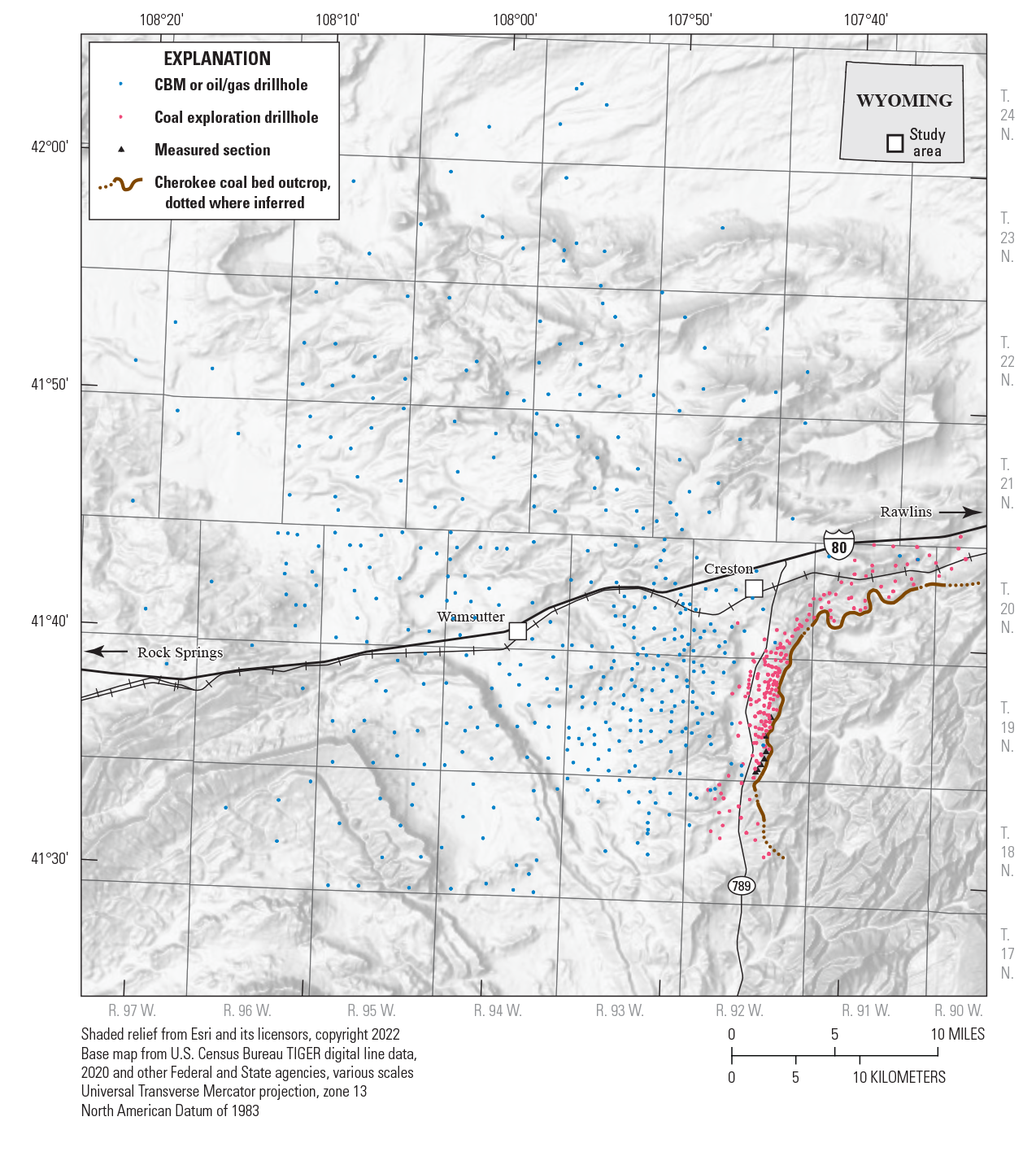 Coalbed methane or oil/gas drill holes near Wamsutter; coal exploration drill holes
                     clustered near the trace of the Cherokee coal bed outcrop; and measured sections along
                     the southern part of the Cherokee coal outcrop.