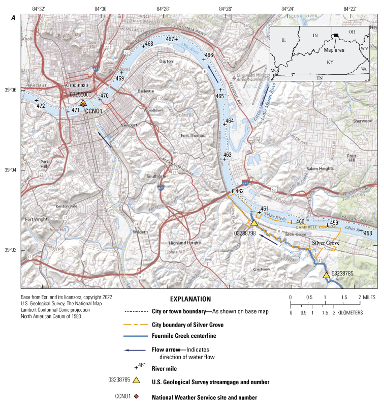 The city of Silver Grove is generally between the Ohio River to the north (upstream
                     from Cincinnati) and Fourmile Creek to the south.