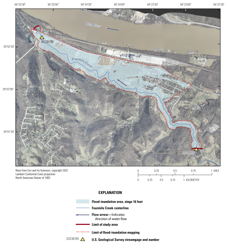 Most of the flood-inundation mapping area is inundated. The mapping area is along
                        and to the north of Fourmile Creek.