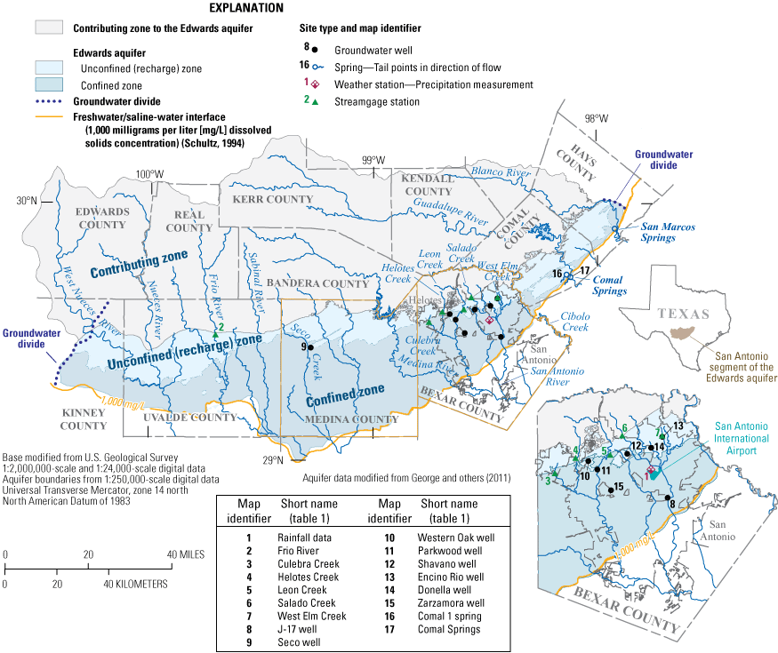 Map shows hydrogeologic setting and study site locations in San Antonio segment of
                     Edwards aquifer, south-central Texas.