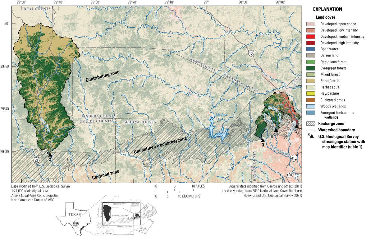 Map shows land cover and site locations for the Frio River, Culebra Creek, Helotes
                        Creek, and Leon Creek watersheds, 2019.