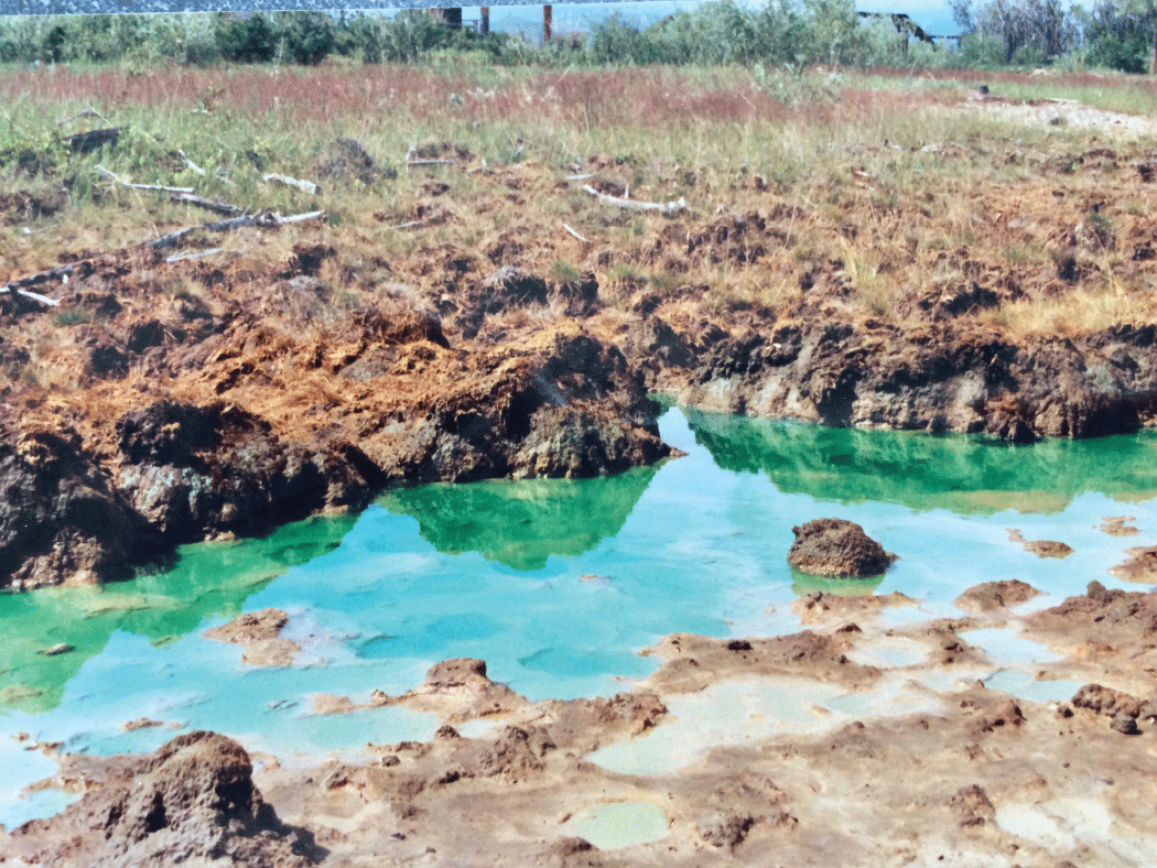 Standing water that is abnormally colored is surrounded by mostly barren mud with
                           minimal living vegetation.